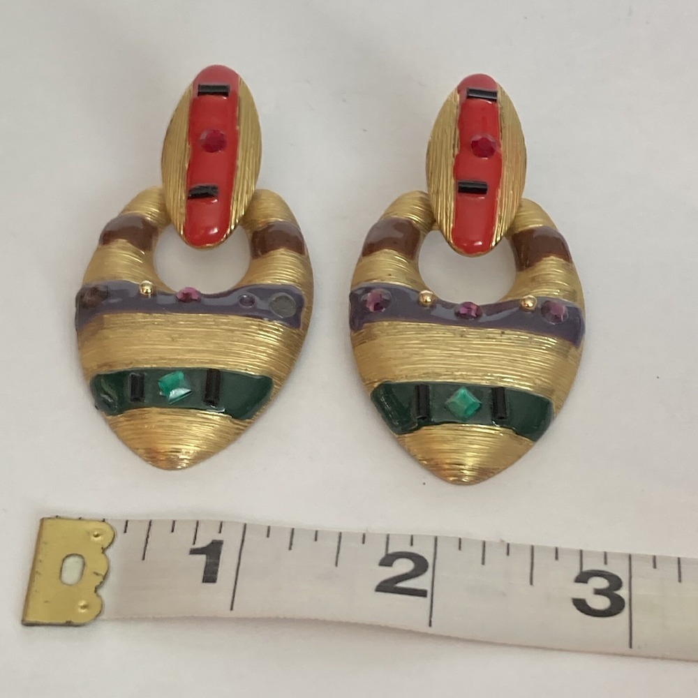 Vintage 80s Gold Tone Colorful Door Knocker Earrings Green Red Purple Rhinestone - Picture 5 of 6